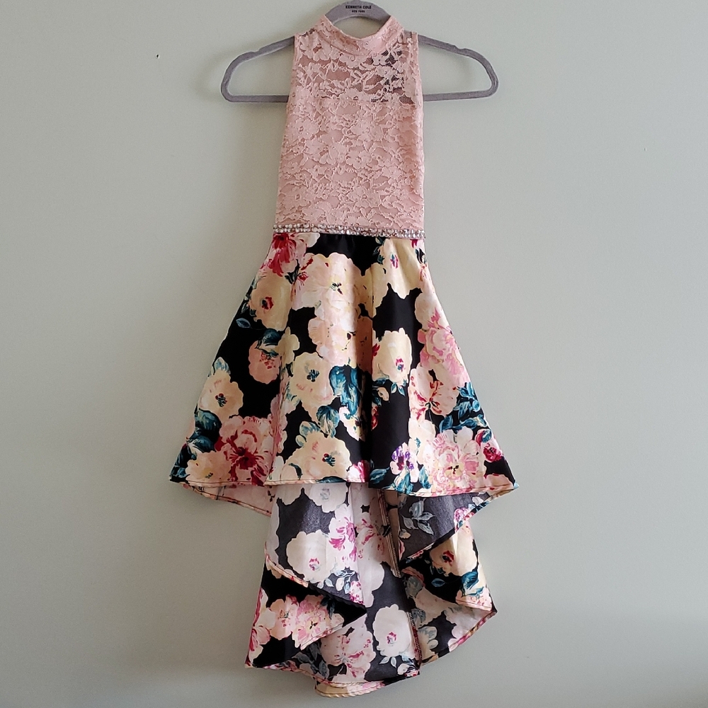 Xtraordinary Pink Lace and Floral Kids Formal High Low Dress